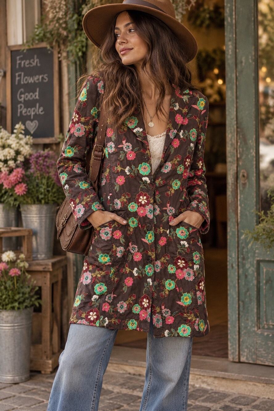 Johnny Was Brown Cotton Floral Embroidered Long Line Jacket Size Medium Boho